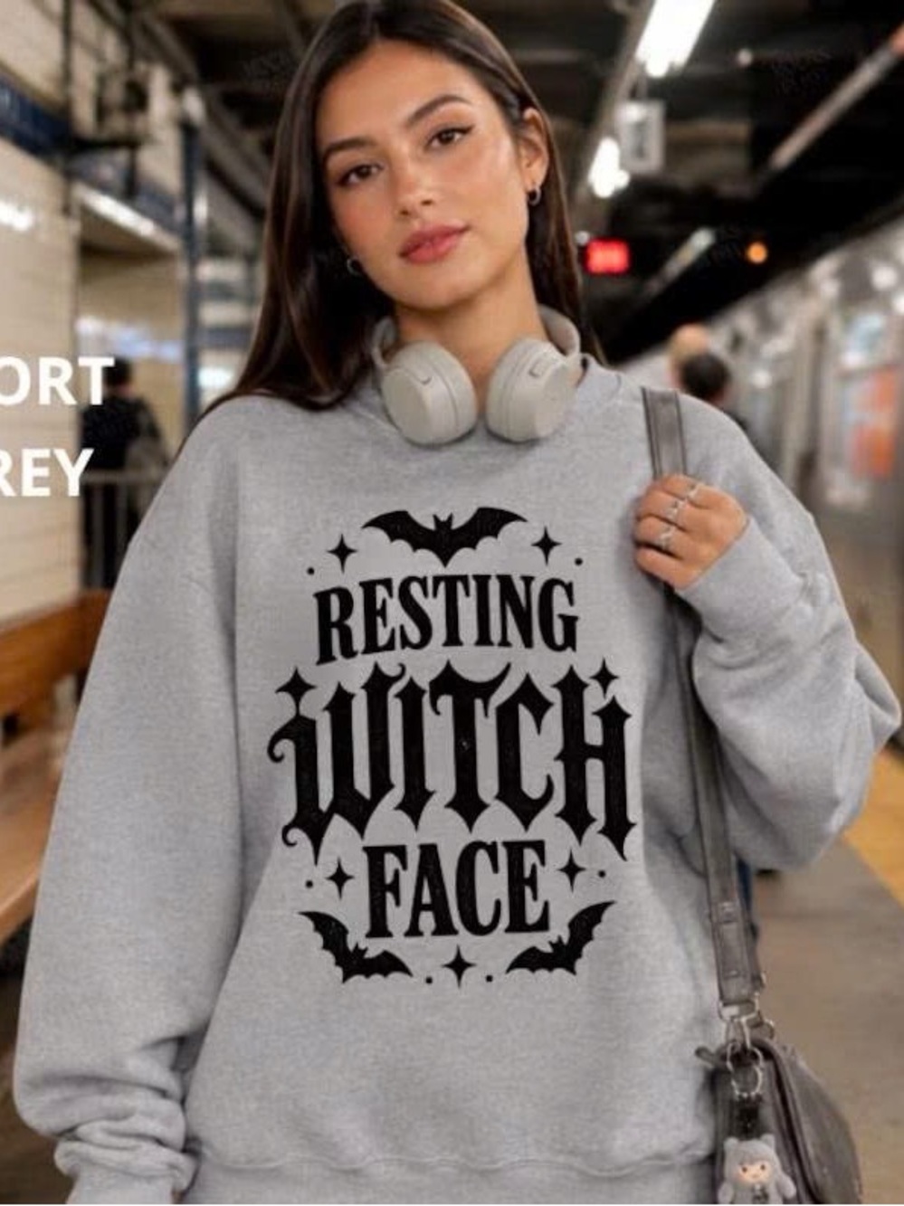 Resting Witch Face Grey Graphic Sweatshirt - Unbranded